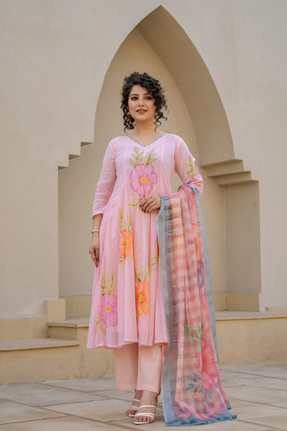 Hand Painted Baby Pink Anarkali Kurta Pant Dupatta