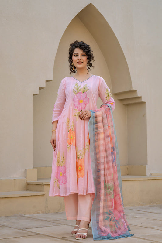 Hand Painted Baby Pink Anarkali Kurta Pant Dupatta