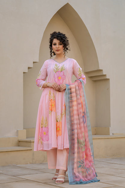 Buy Baby Pink Hand Painted Anarkali Suit | Shreenaya