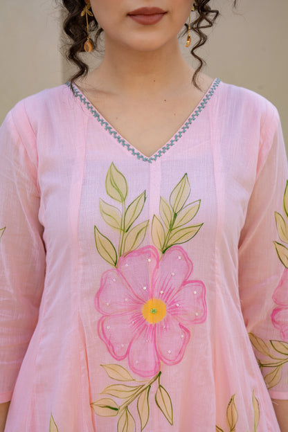Hand Painted Baby Pink Anarkali Kurta Pant Dupatta