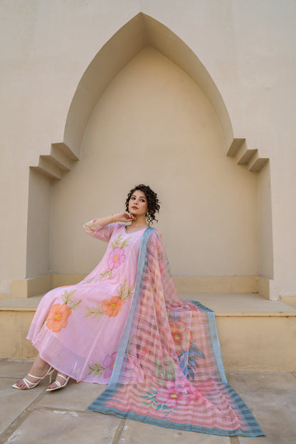 Baby Pink Hand Painted Anarkali Kurta Set – Shreenaya