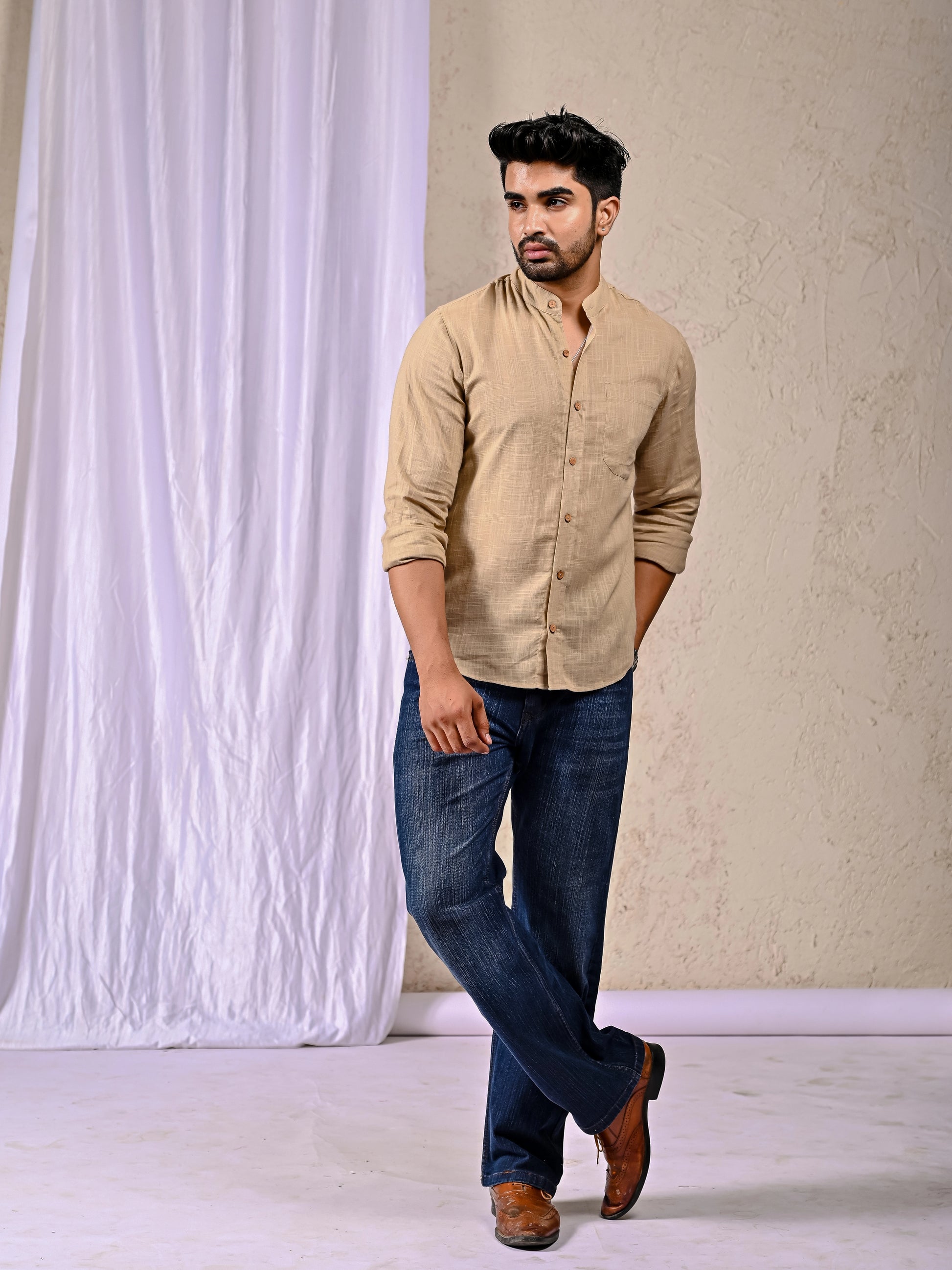 Men’s Beige Cotton Linen Full Sleeve Shirt Front View