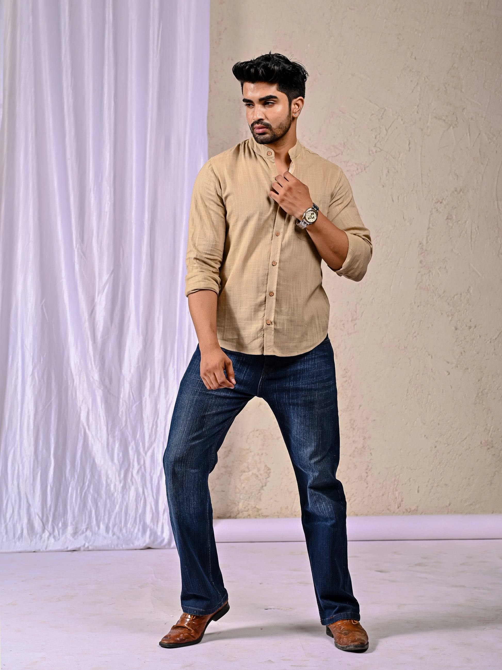 Shreenaya Beige Linen Blend Casual Shirt on Model