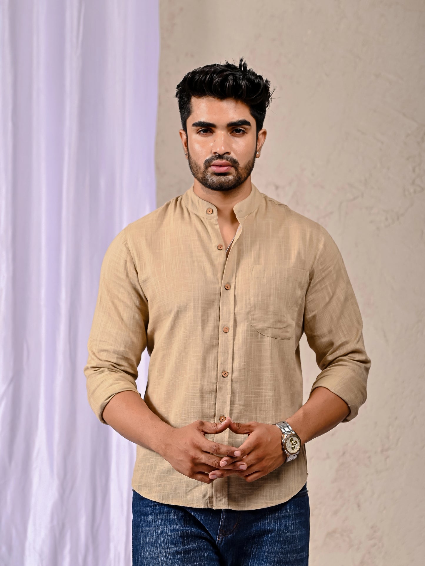 Classic Button-Down Beige Shirt with Linen Texture