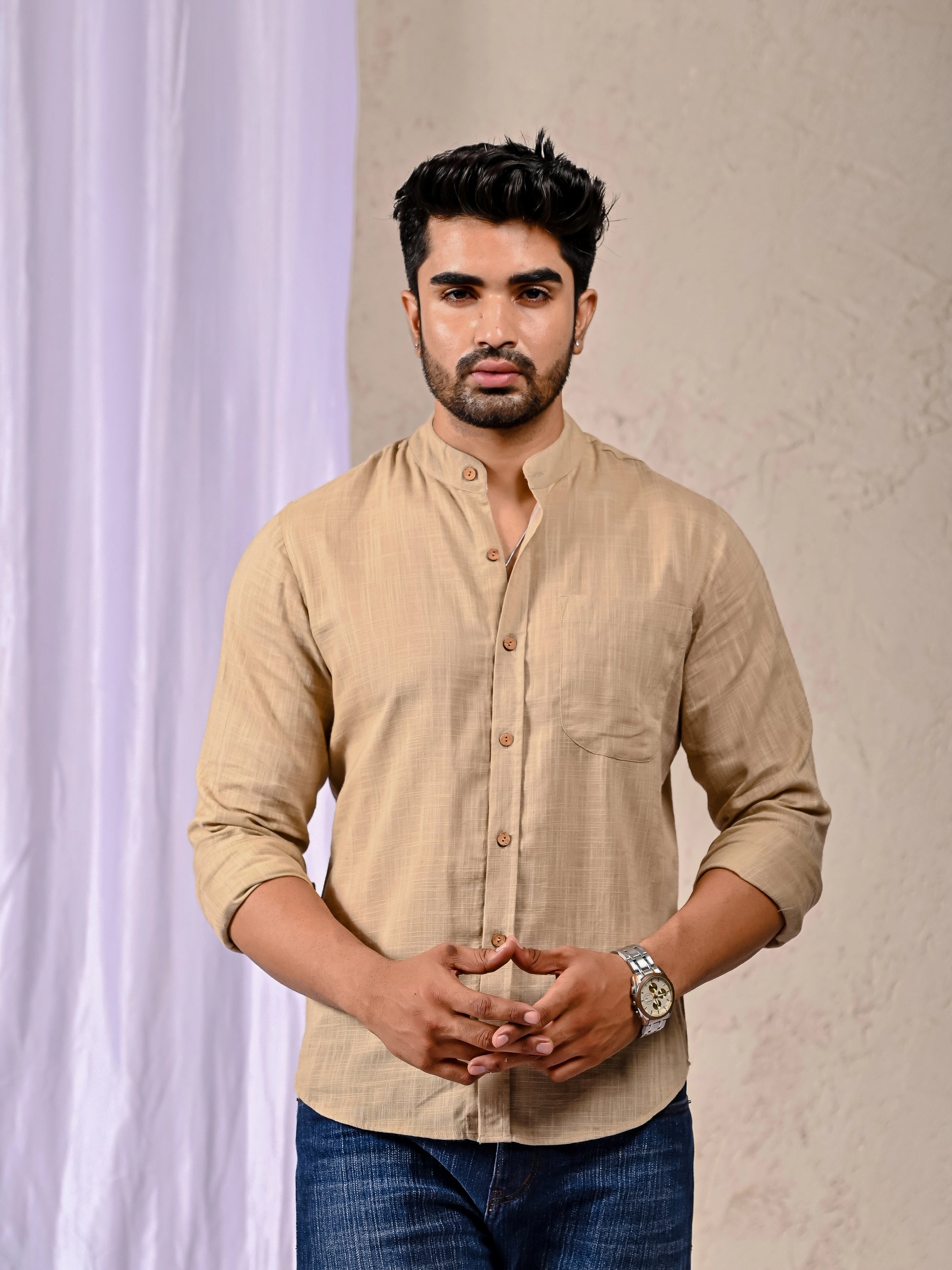 Classic Button-Down Beige Shirt with Linen Texture