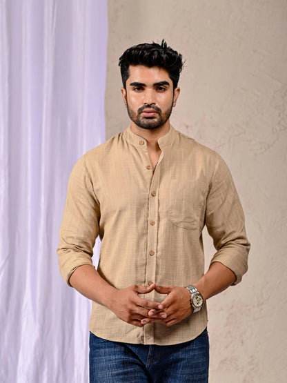 Classic Button-Down Beige Shirt with Linen Texture