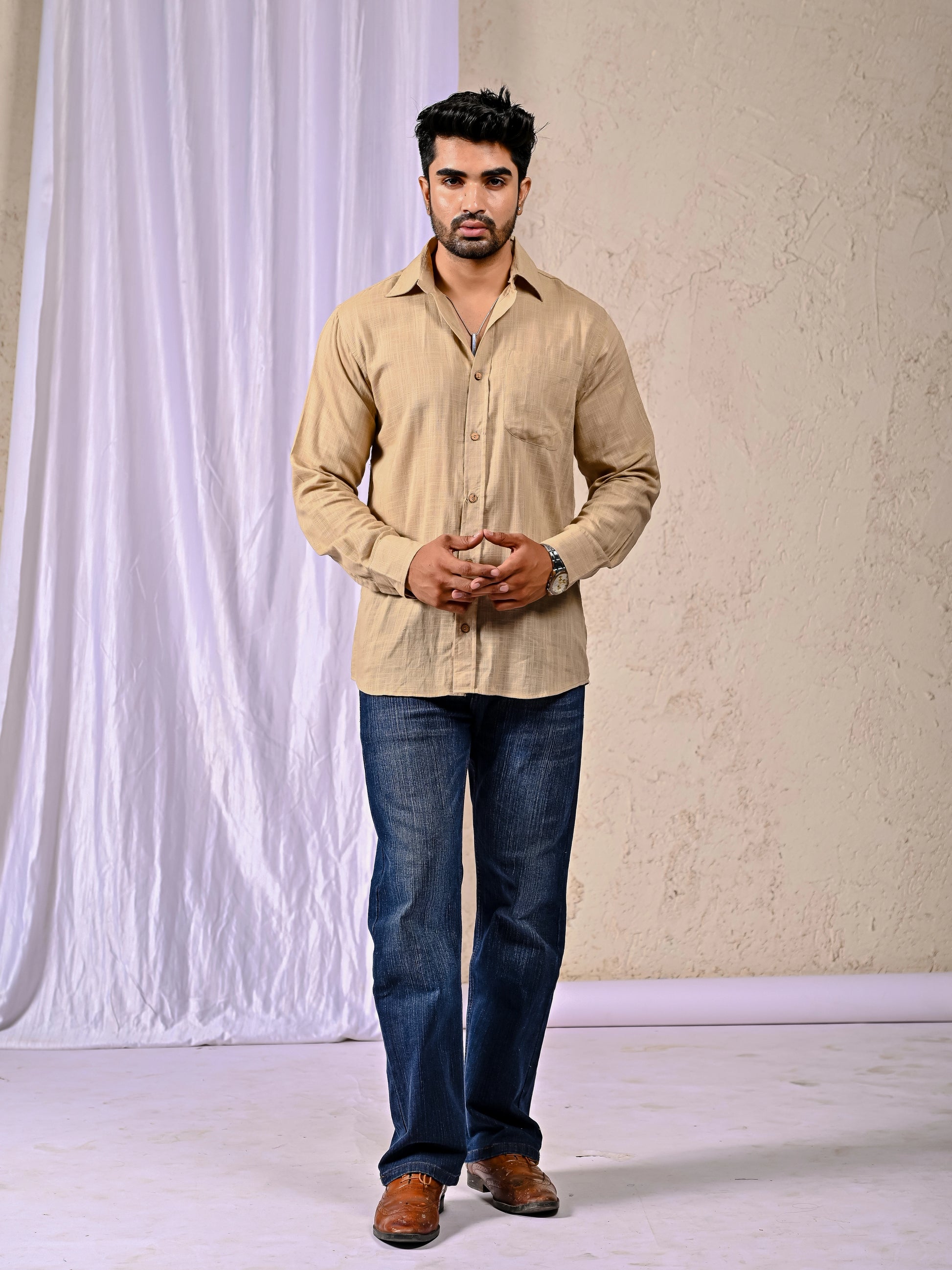 Men’s beige cotton linen full sleeve casual shirt