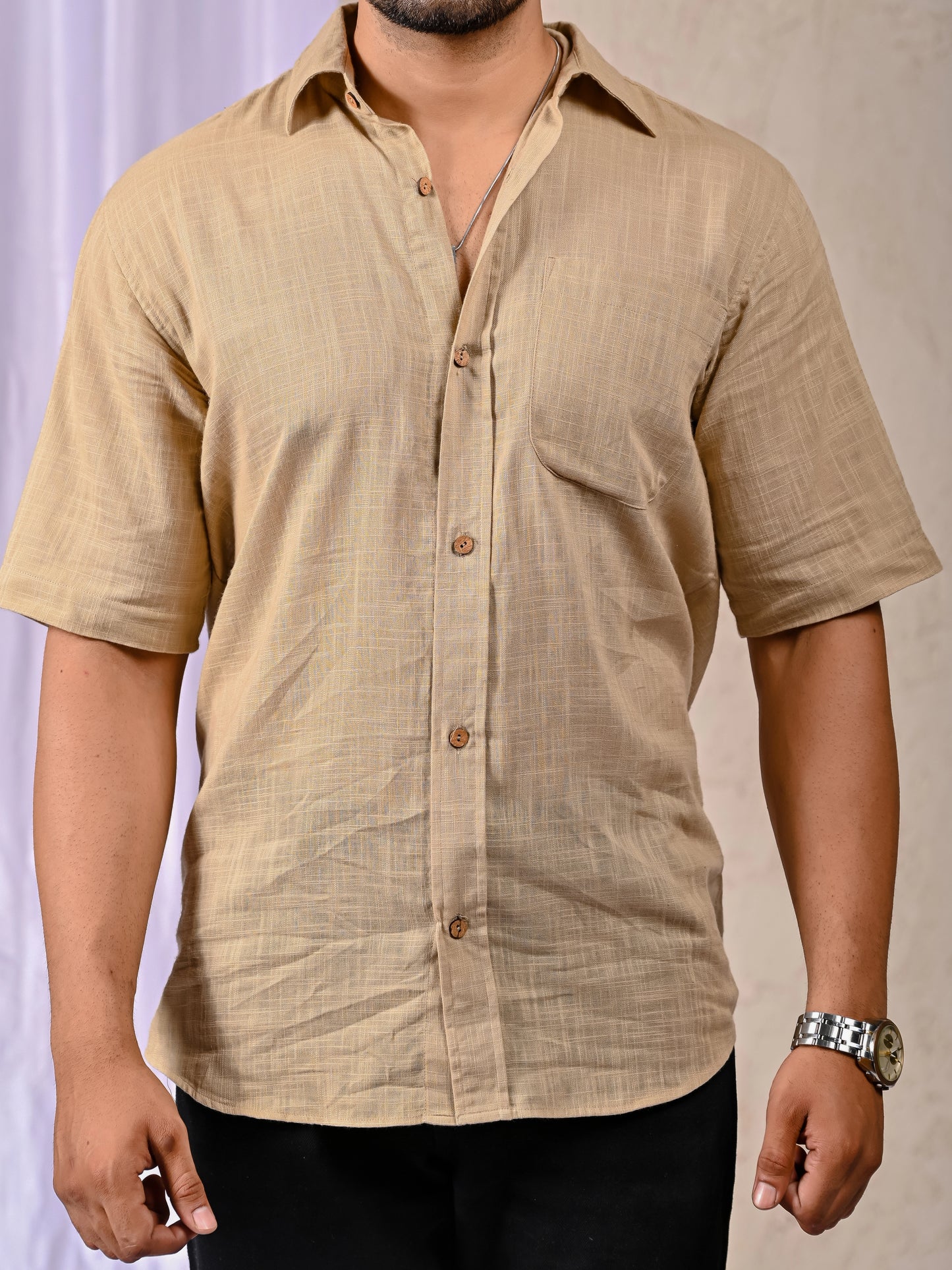 Beige half sleeve linen blend shirt for men