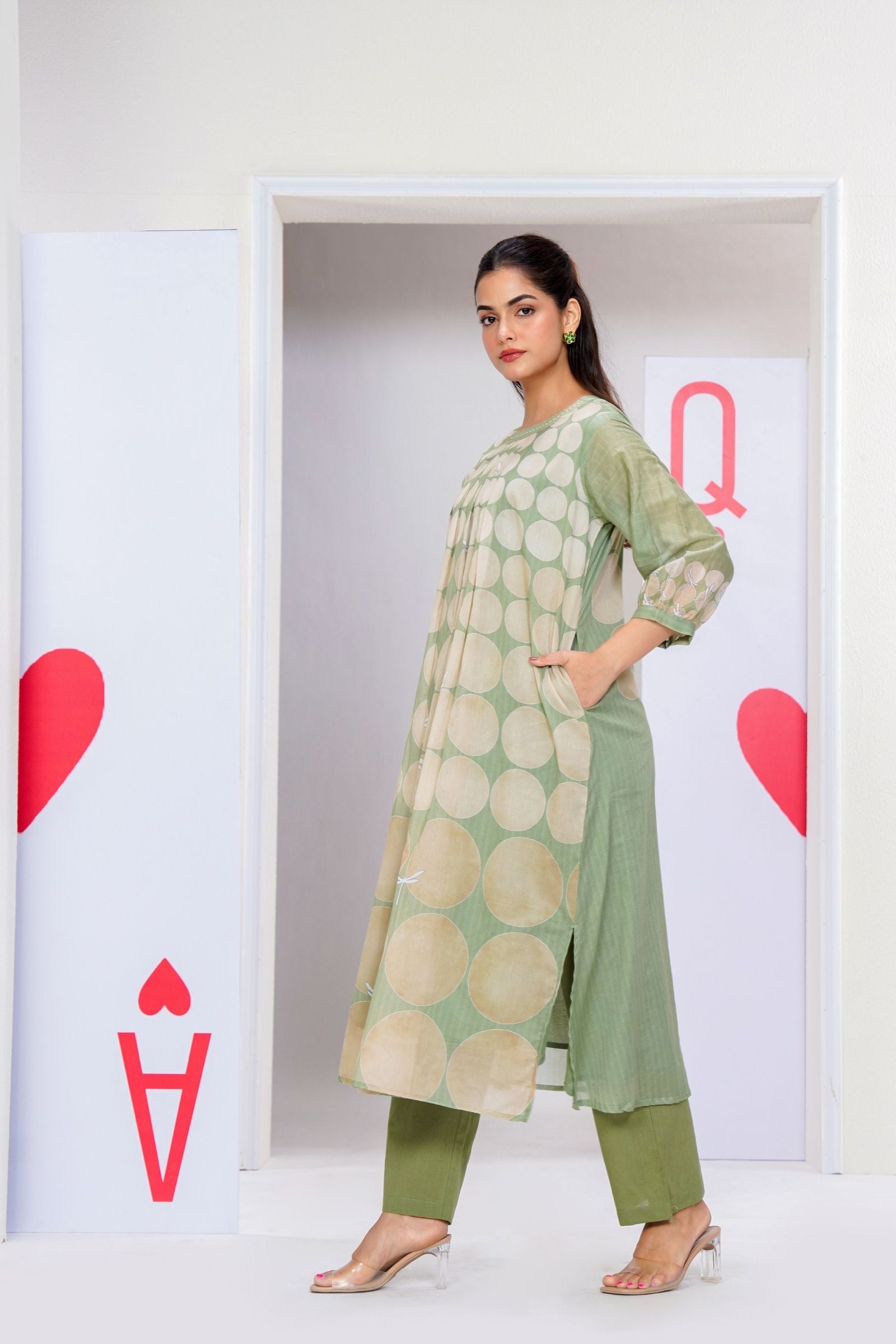 beige green cotton co-ord set for women