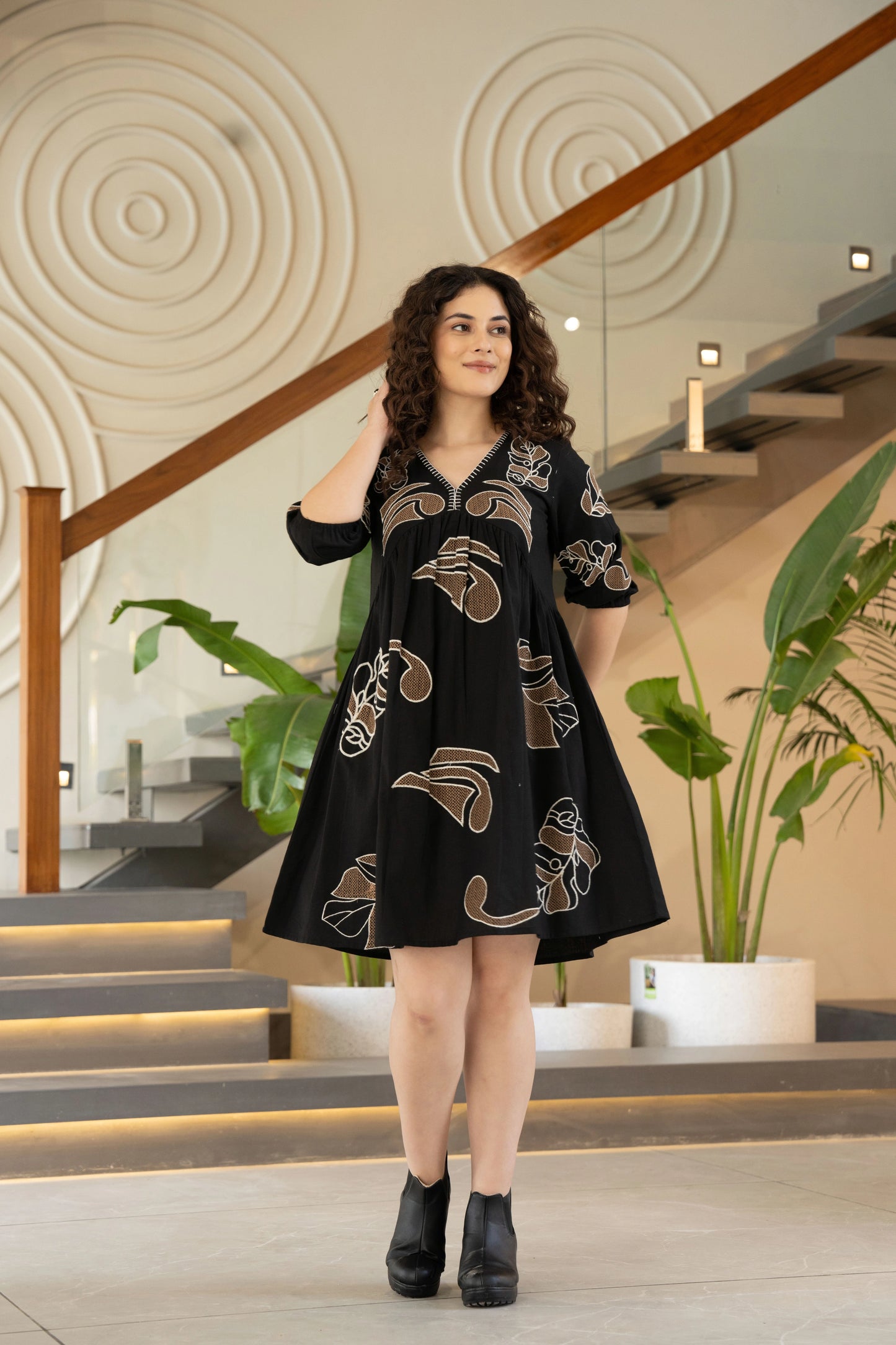 Elegant Black Cotton Dress Embroidered Detail