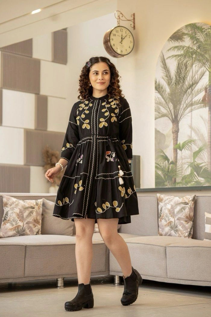 Black Cotton Embroidered Dress for Women