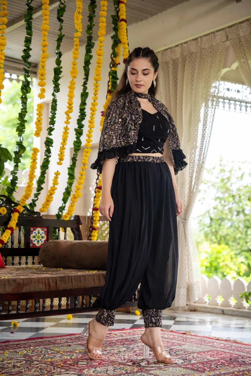 Black kaftan co-ord set with stylish embroidery pattern