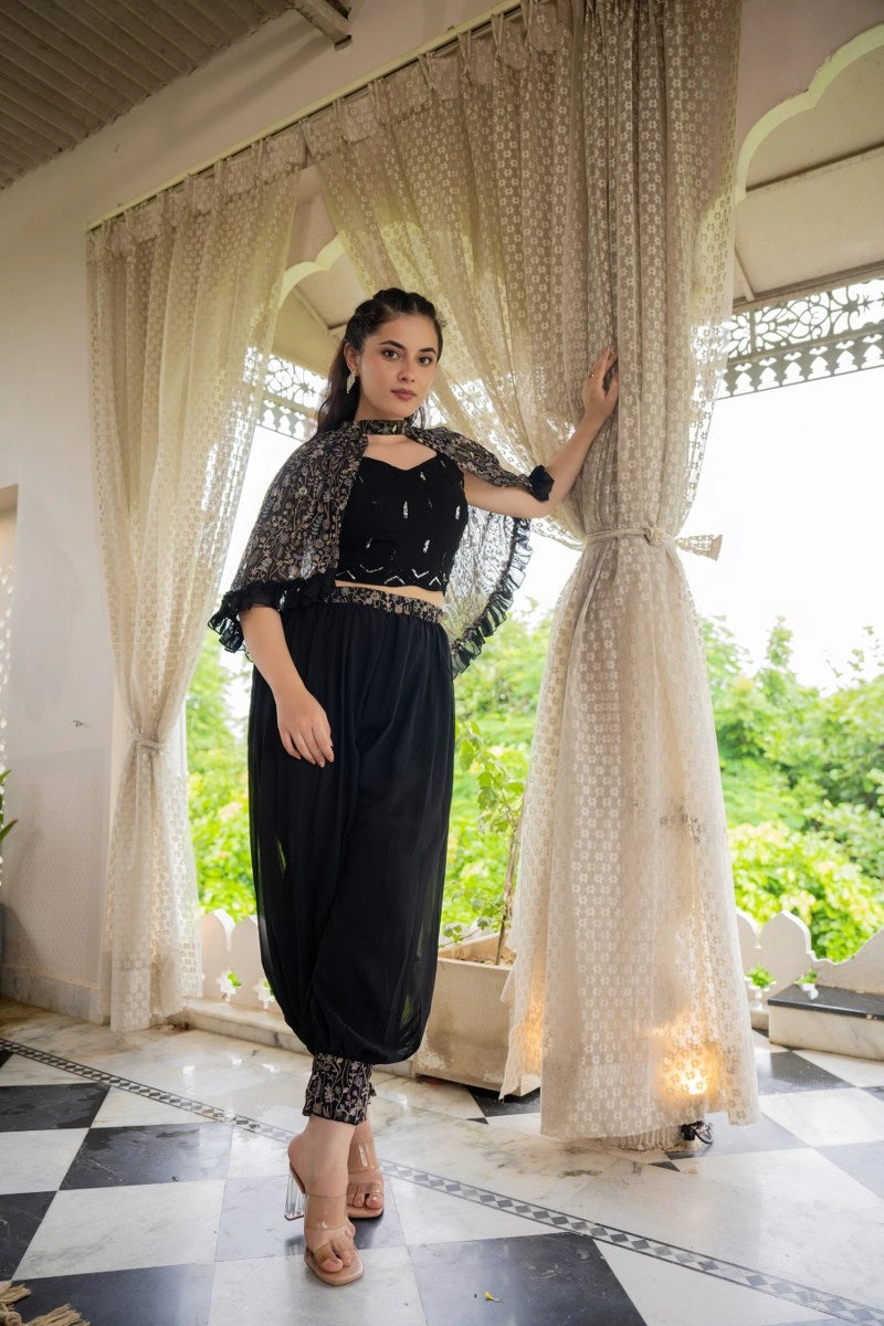 Black kaftan co-ord set with stylish embroidery pattern
