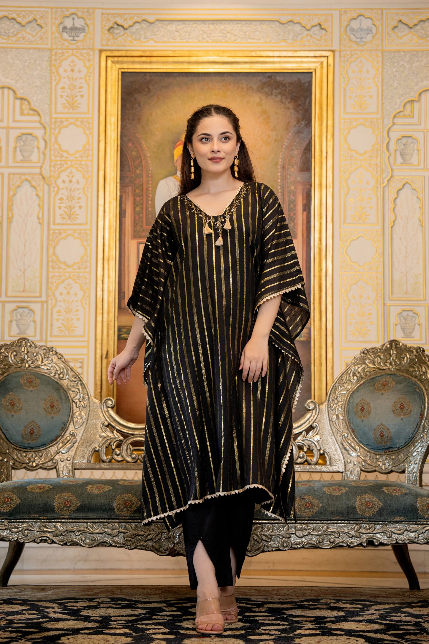 Black kaftan kurta set with tassels and embroidery