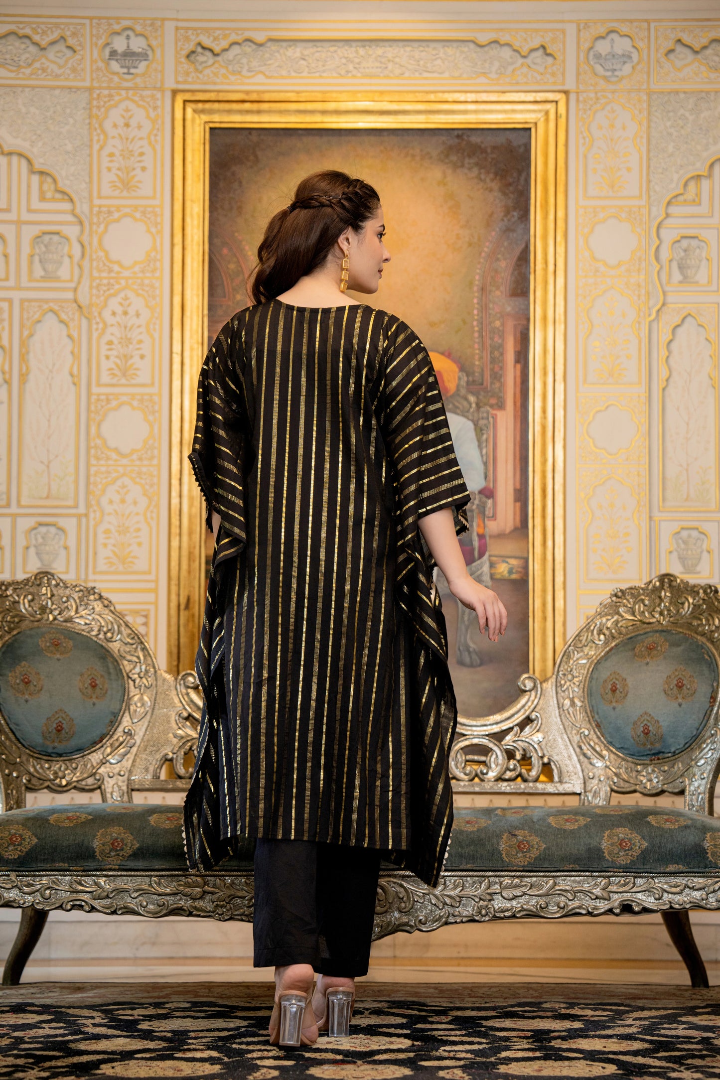 Elegant black embroidered kaftan kurta with tassels