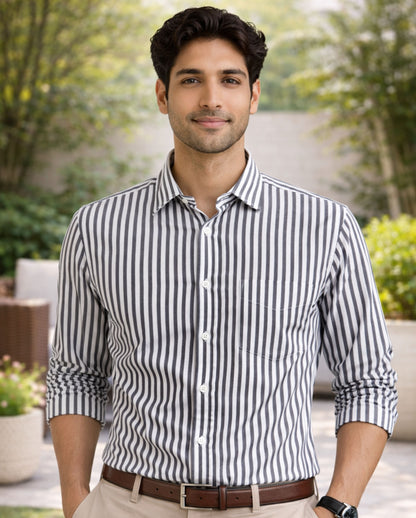 Black Striped Oxford Regular Fit Casual Shirt (Full Sleeves)