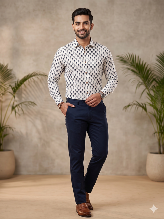 Black Sanganeri Print Regular Fit Casual Shirt (Full Sleeves)