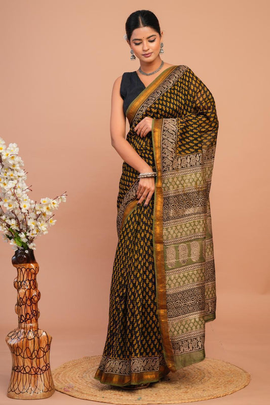 Black Green Maheshwari Silk Saree Wedding and Festive Wear