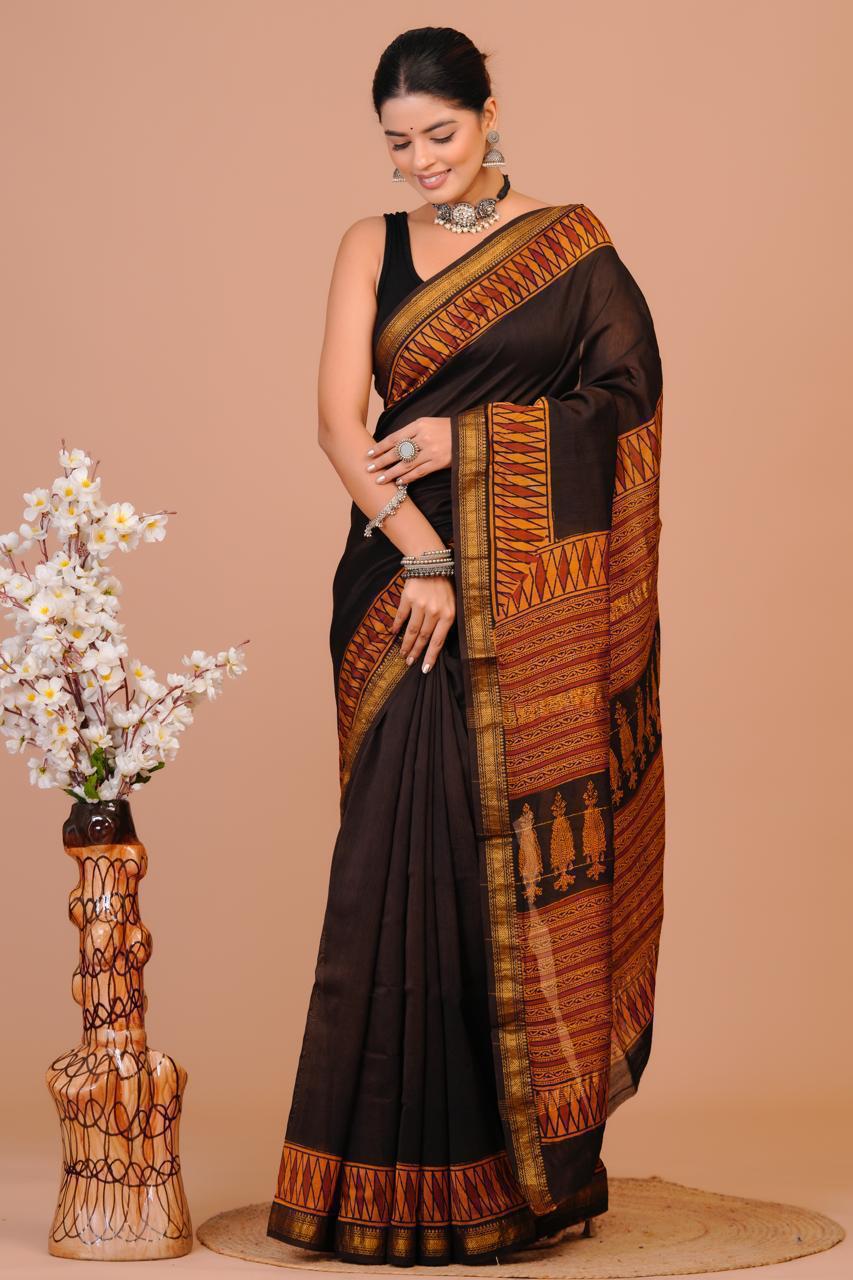 Women's Black Red Handblock Print Silk Saree
