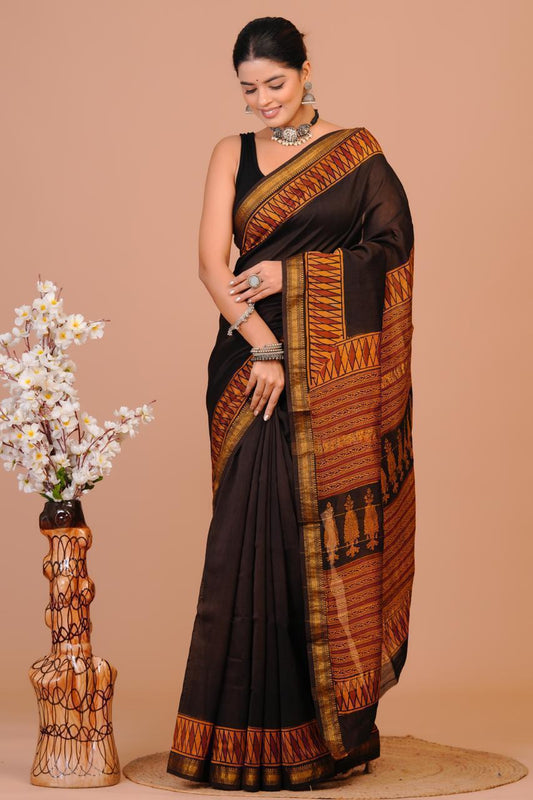 Women's Black Red Handblock Print Silk Saree