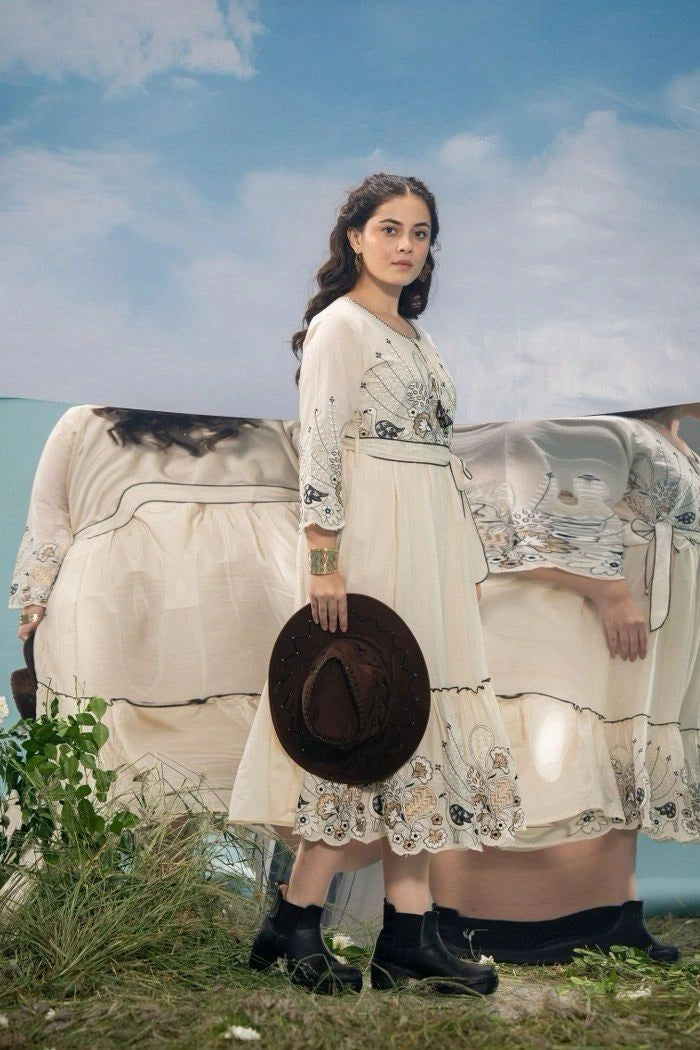 Shreenaya Black White Dress with Belt