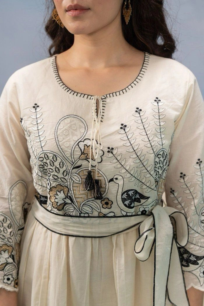 Black and White Cotton Embroidered Dress with Belt