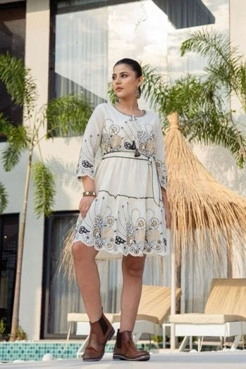 Black and White Cotton Embroidered Short Dress with Belt