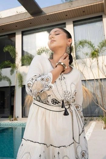 Shreenaya Black White Cotton Belted Dress