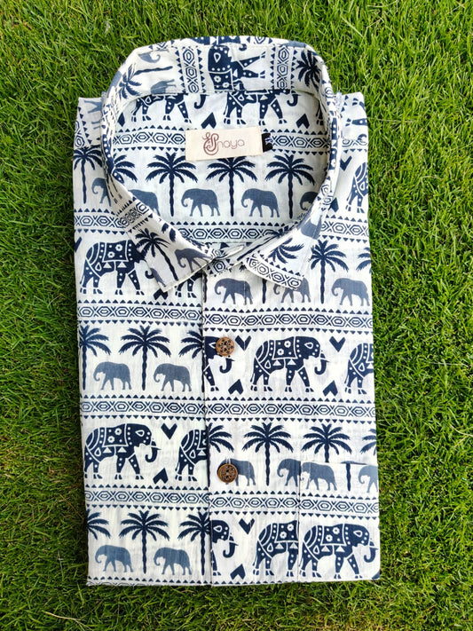 Blue Animal Print Cotton Regular Fit Casual Shirt (Half Sleeves)