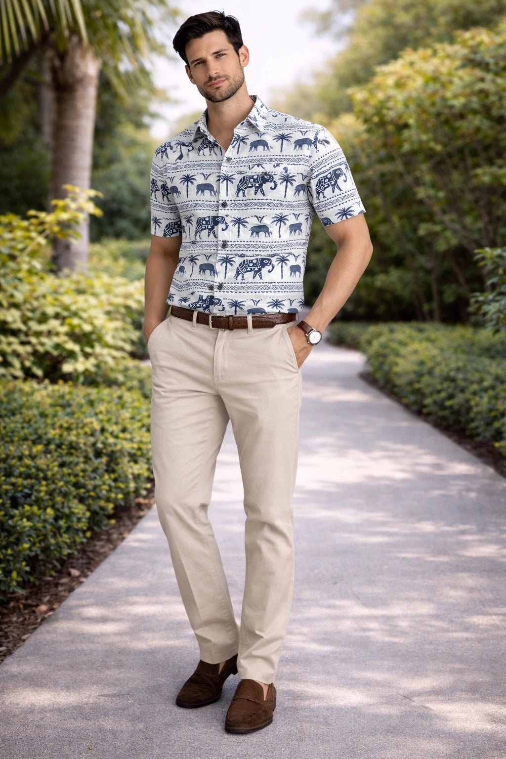 Blue animal print half sleeve shirt for men