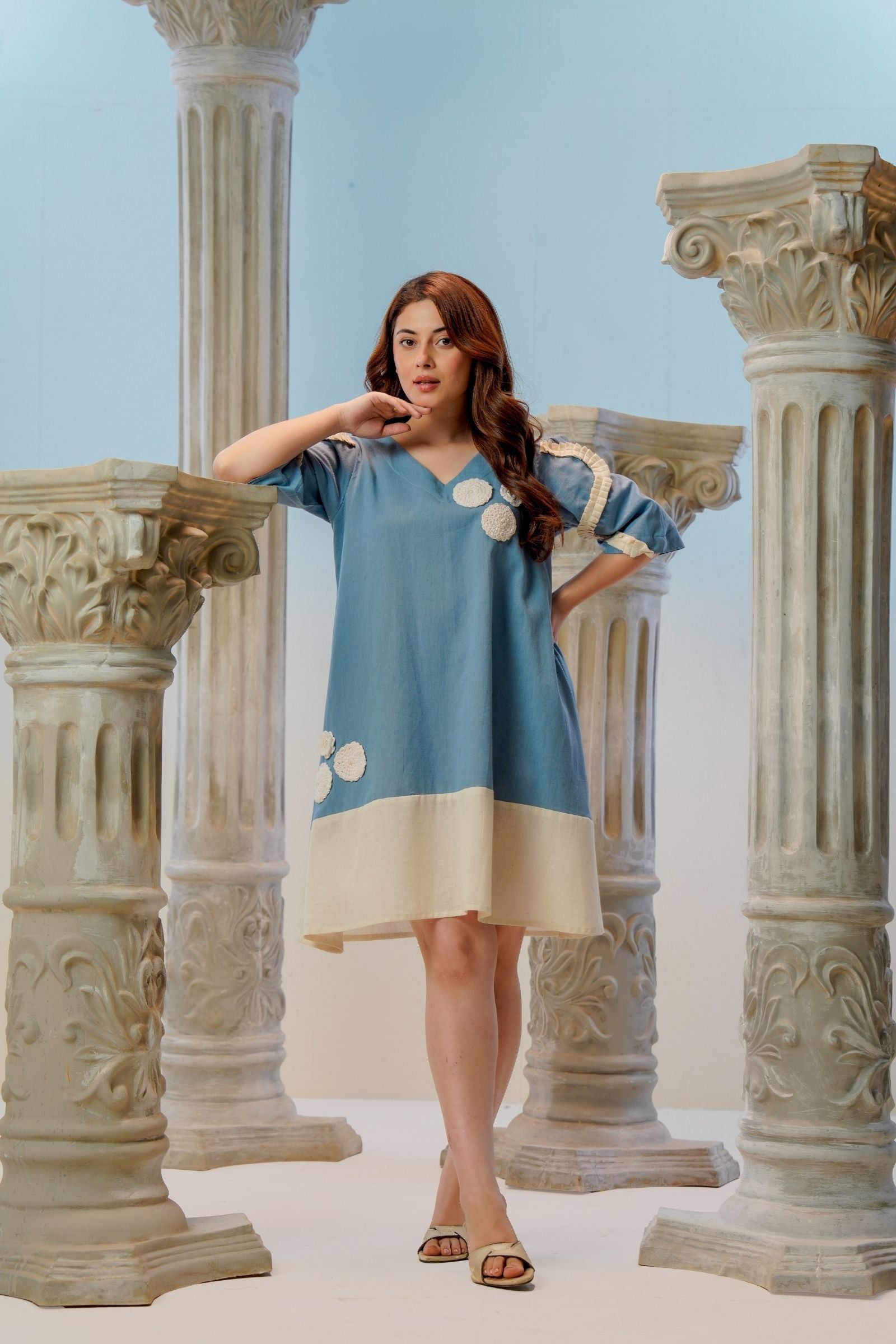 Blue Cotton Crochet Flower Short Dress for Women