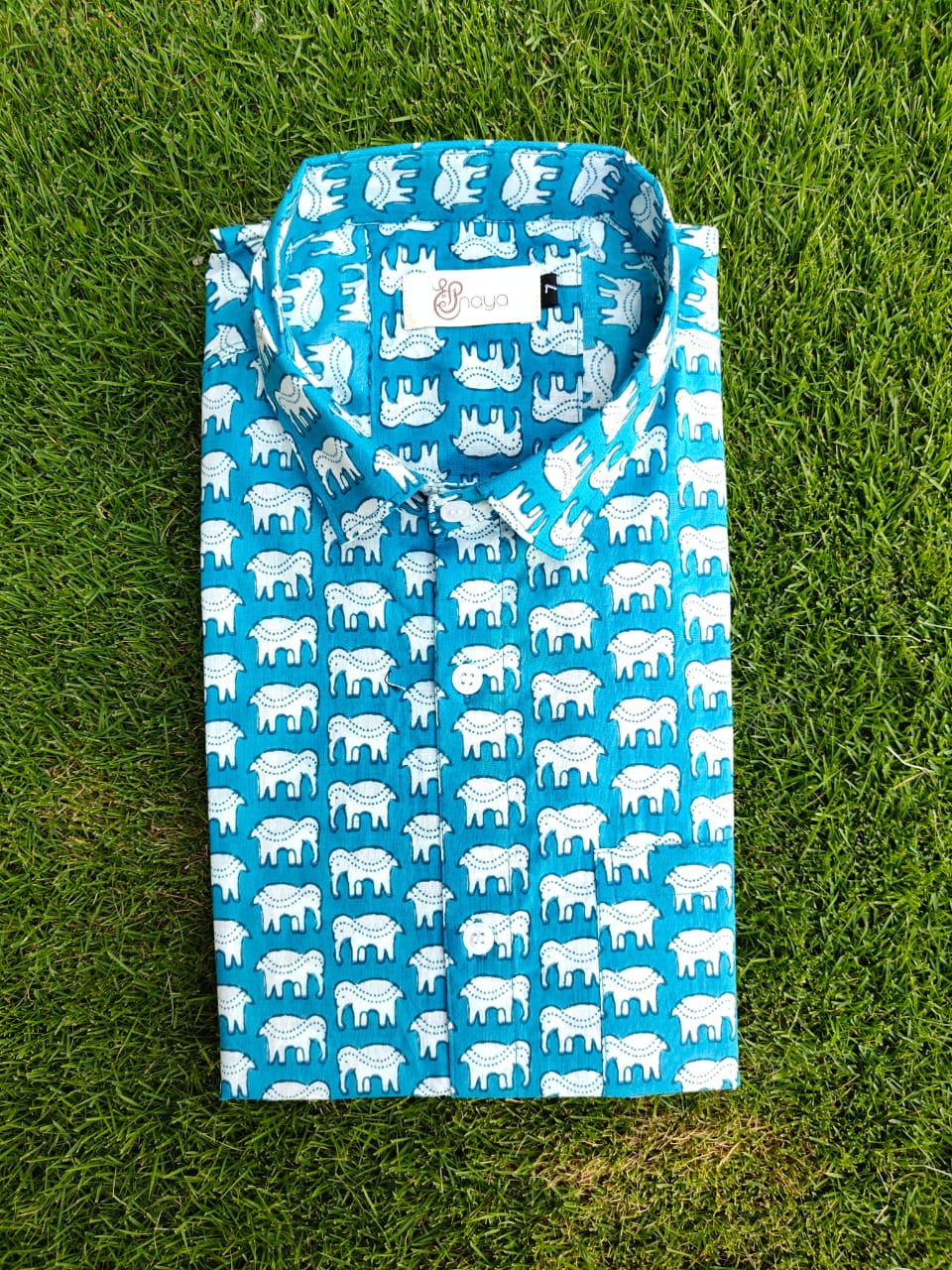 Blue Elephant Print Cotton Regular Fit Casual Shirt (Half Sleeves)