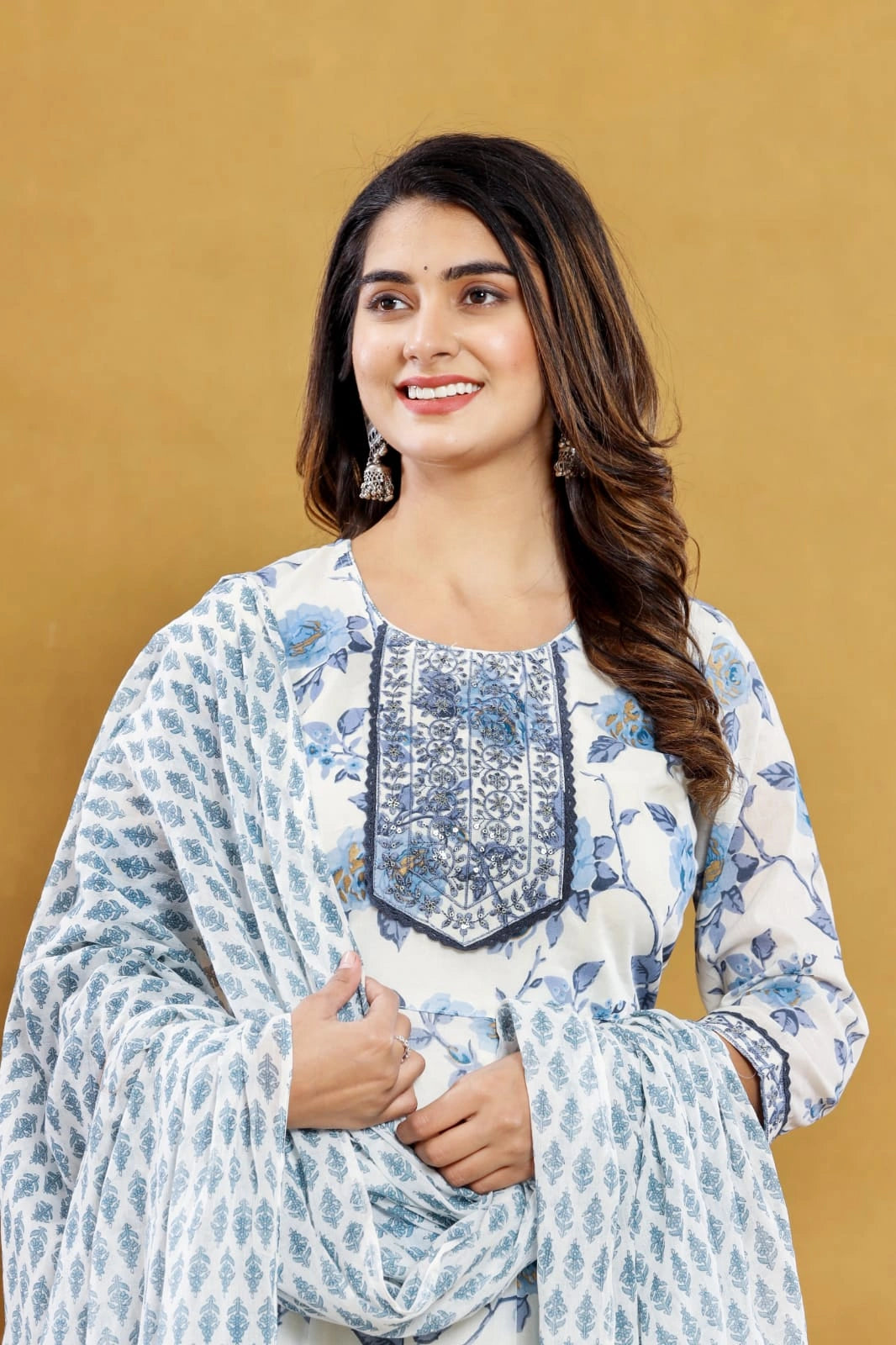 Blue Floral Printed Anarkali Suit Set – Shreenaya
