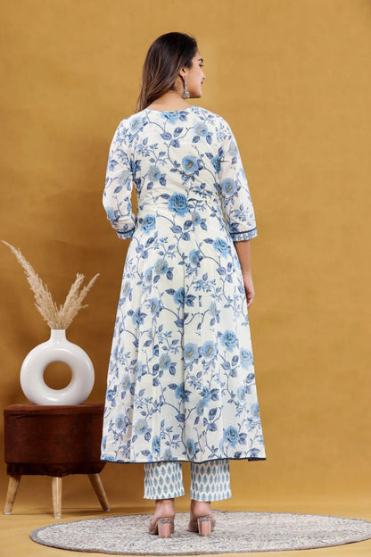 Blue Floral Printed Anarkali Suit Set – Shreenaya