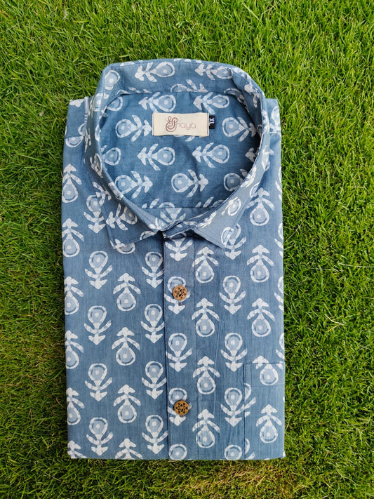 Blue Floral Print Cotton Regular Fit Casual Shirt (Half Sleeves)