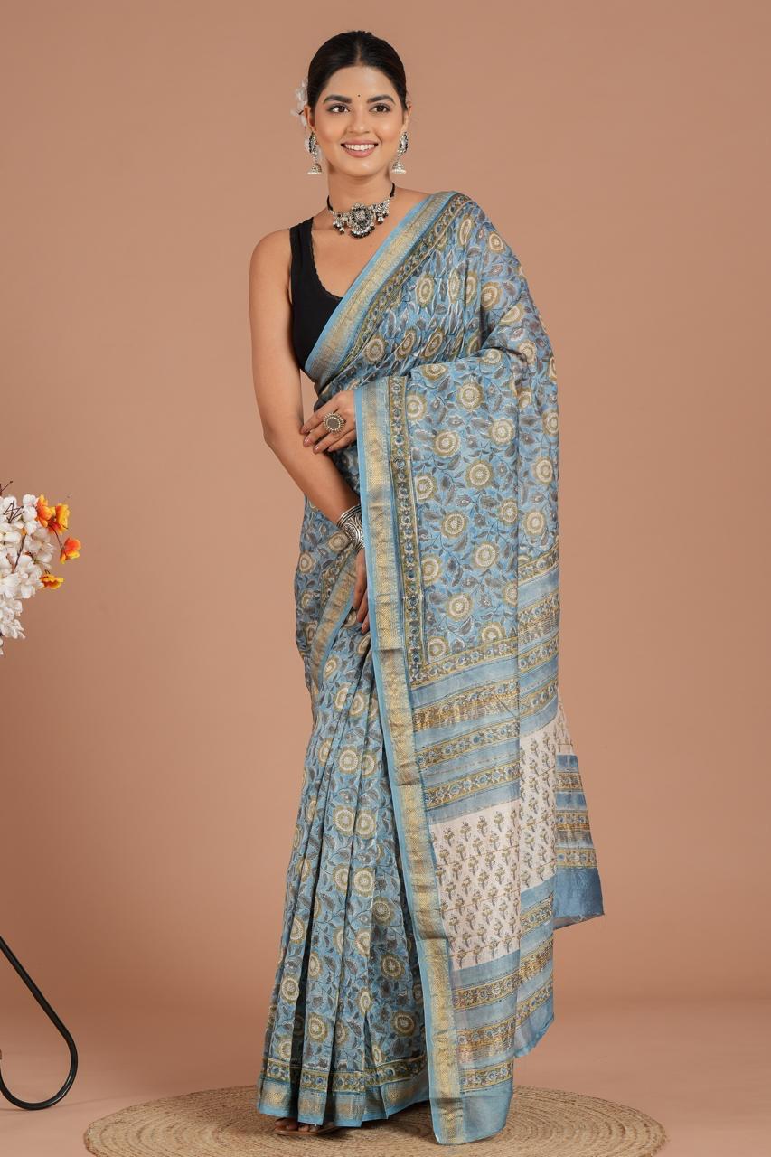 Designer Blue Handblock Print Maheshwari Silk Saree