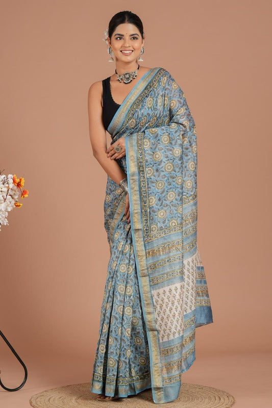 Designer Blue Handblock Print Maheshwari Silk Saree