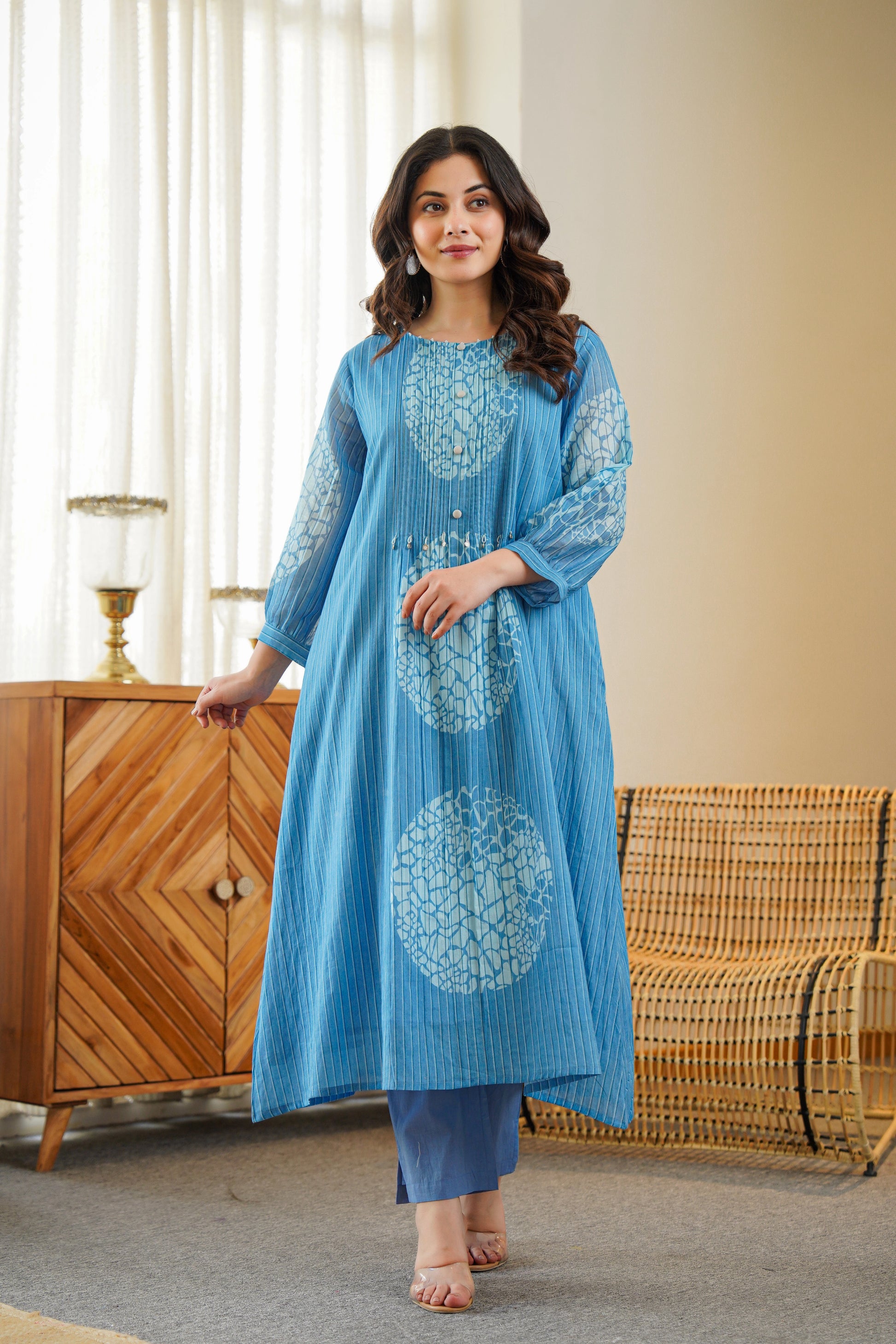 Women blue printed A-line kurta pant outfit full look