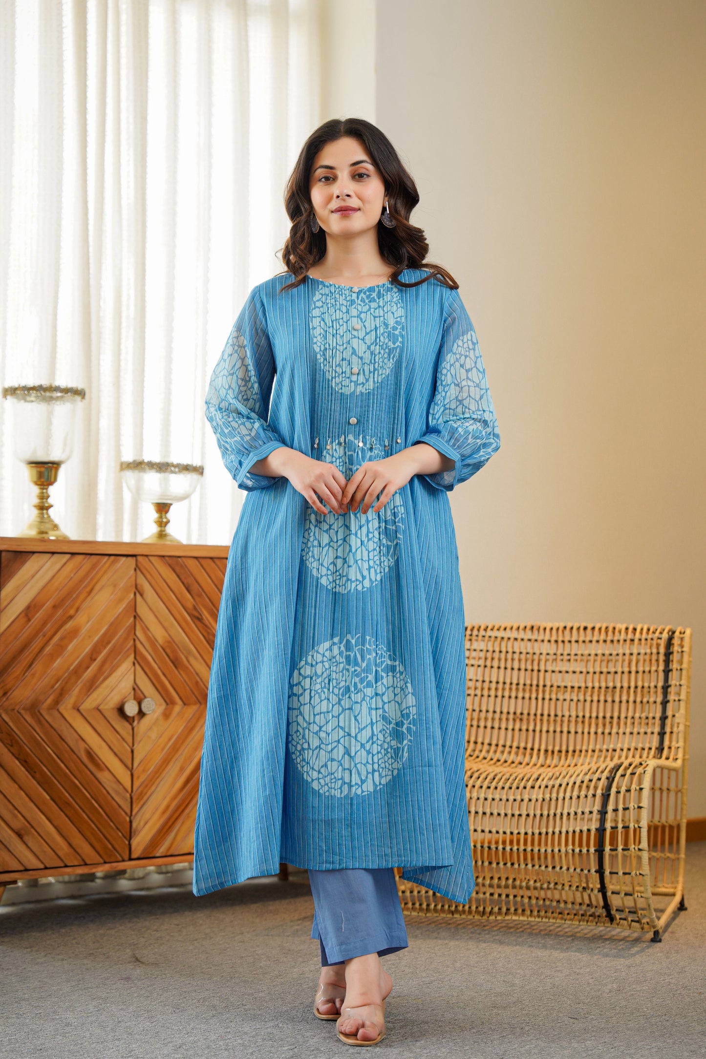 Close up of blue printed fabric and design detail