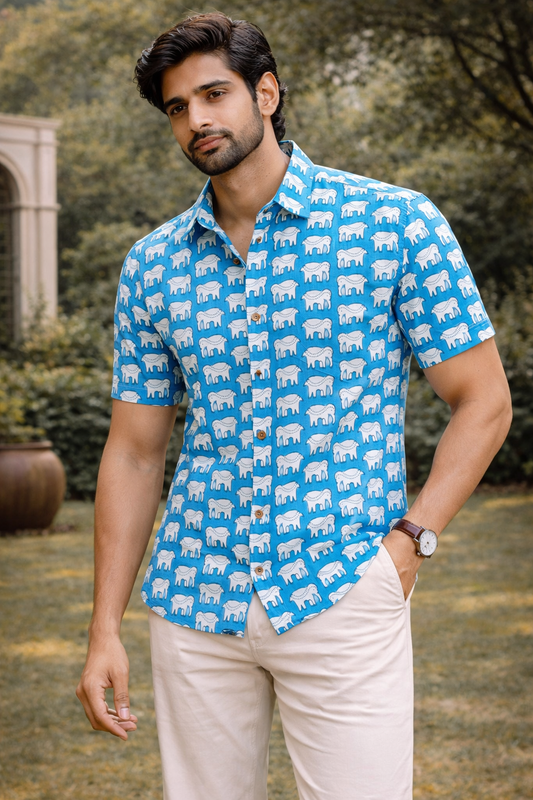 Blue Elephant Print Cotton Regular Fit Casual Shirt (Half Sleeves)