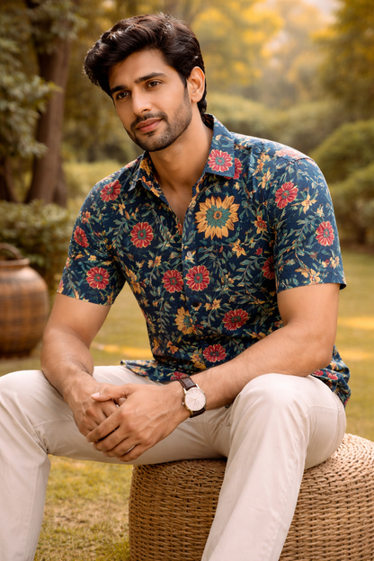 Blue Floral Print Cotton Regular Fit Casual Shirt (Half Sleeves)
