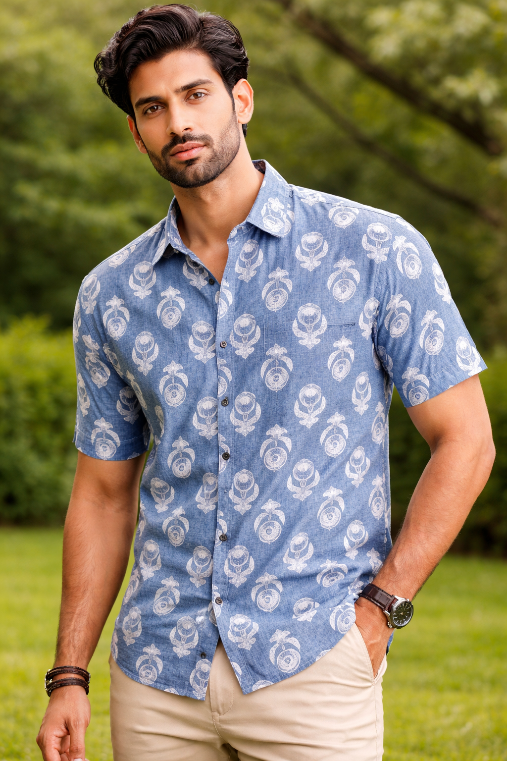 Blue Floral Print Cotton Regular Fit Casual Shirt (Half Sleeves)