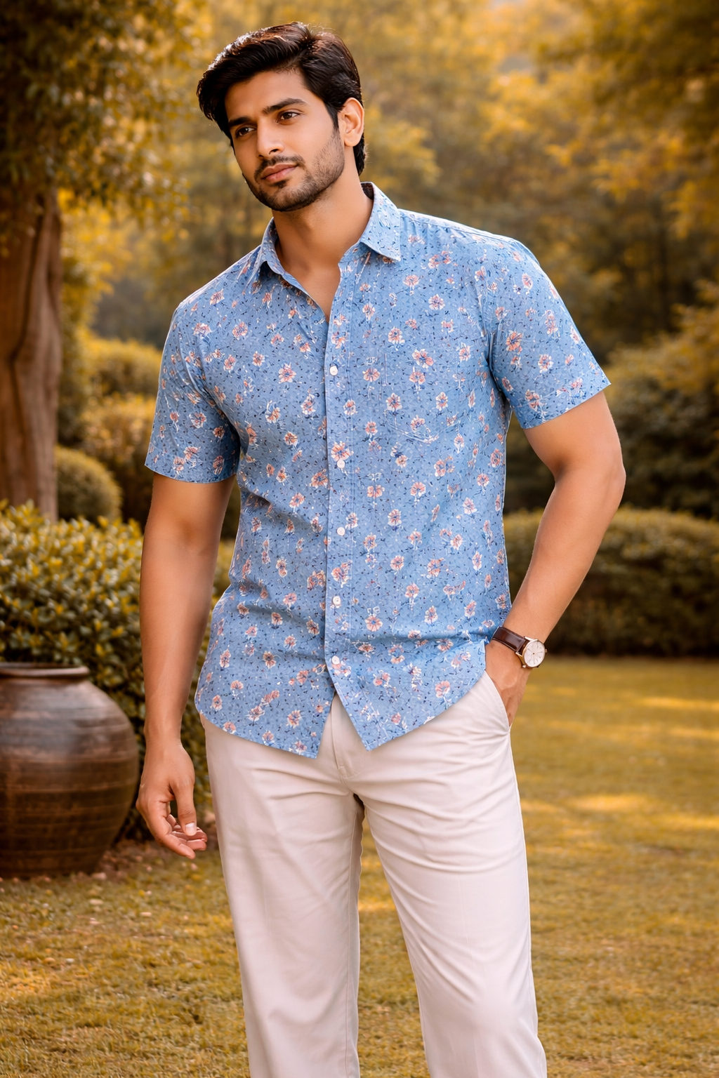 Blue Peach Floral Print Cotton Regular Fit Casual Shirt (Half Sleeves)