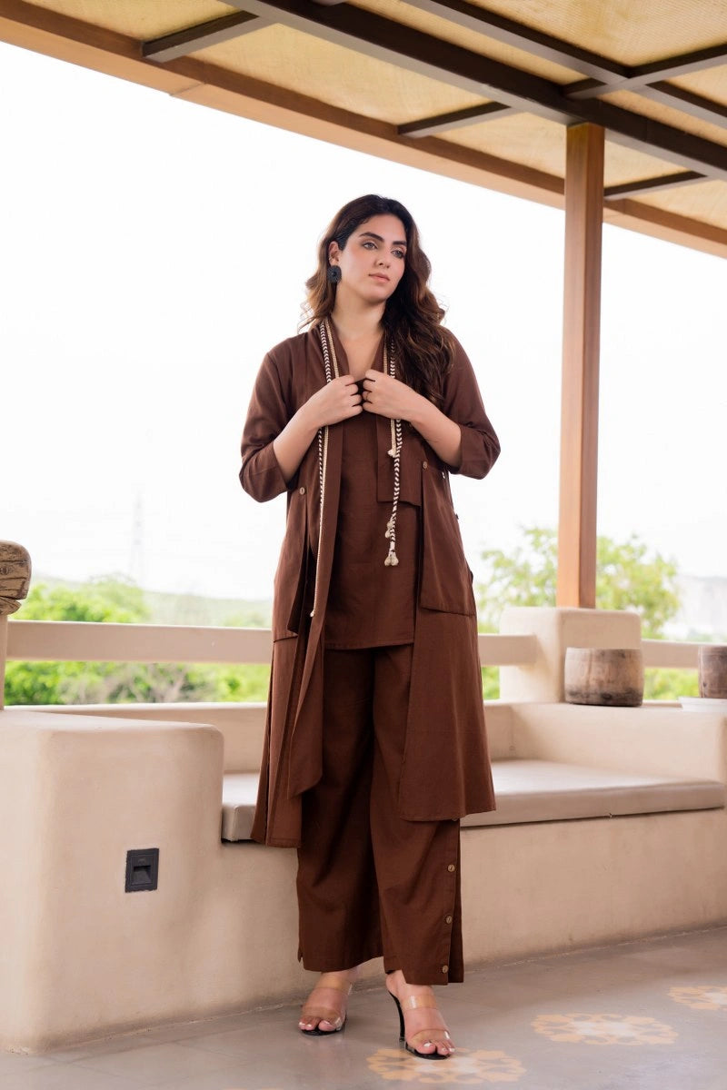 Brown cotton co-ord set side view with jacket