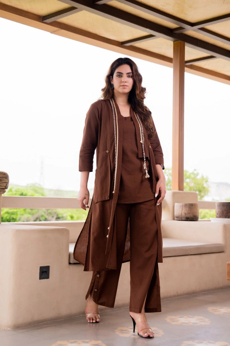 Woman wearing brown cotton co-ord set with jacket outfit
