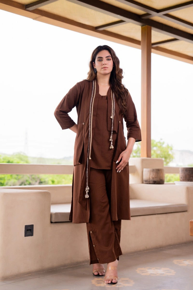 Styled brown cotton co-ord set with jacket outfit fashion look

