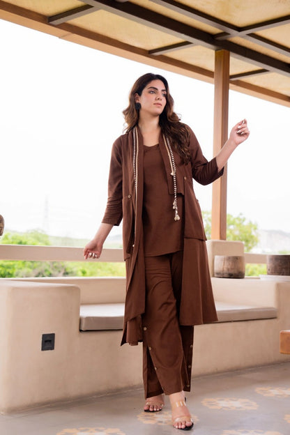 Brown Cotton Co-ord Set with Jacket | Women’s Stylish Co-ord Collection