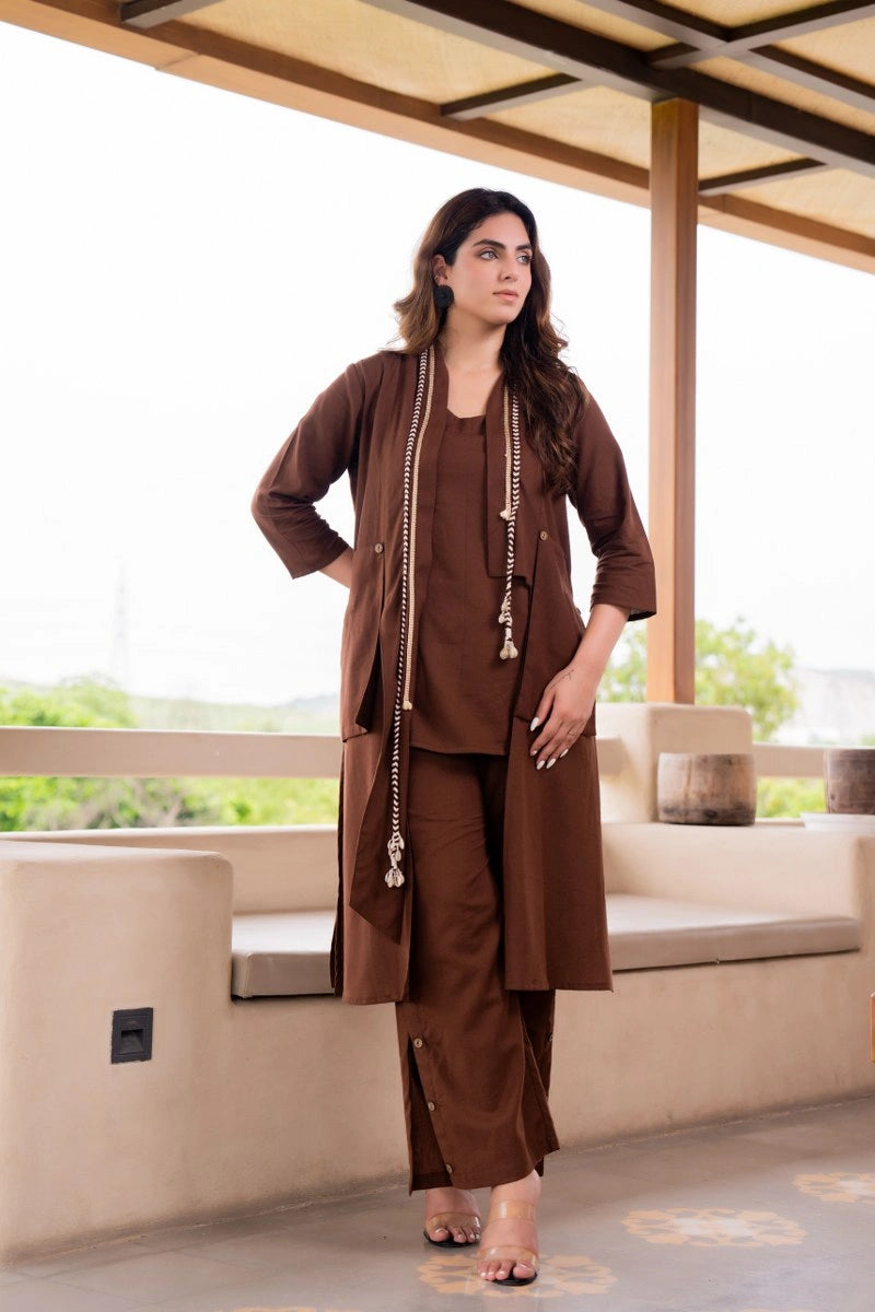 Buy Brown Cotton Co-ord Set with Jacket Online | Shreenaya