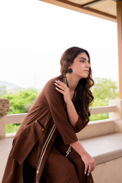 Styled brown cotton co-ord set with jacket