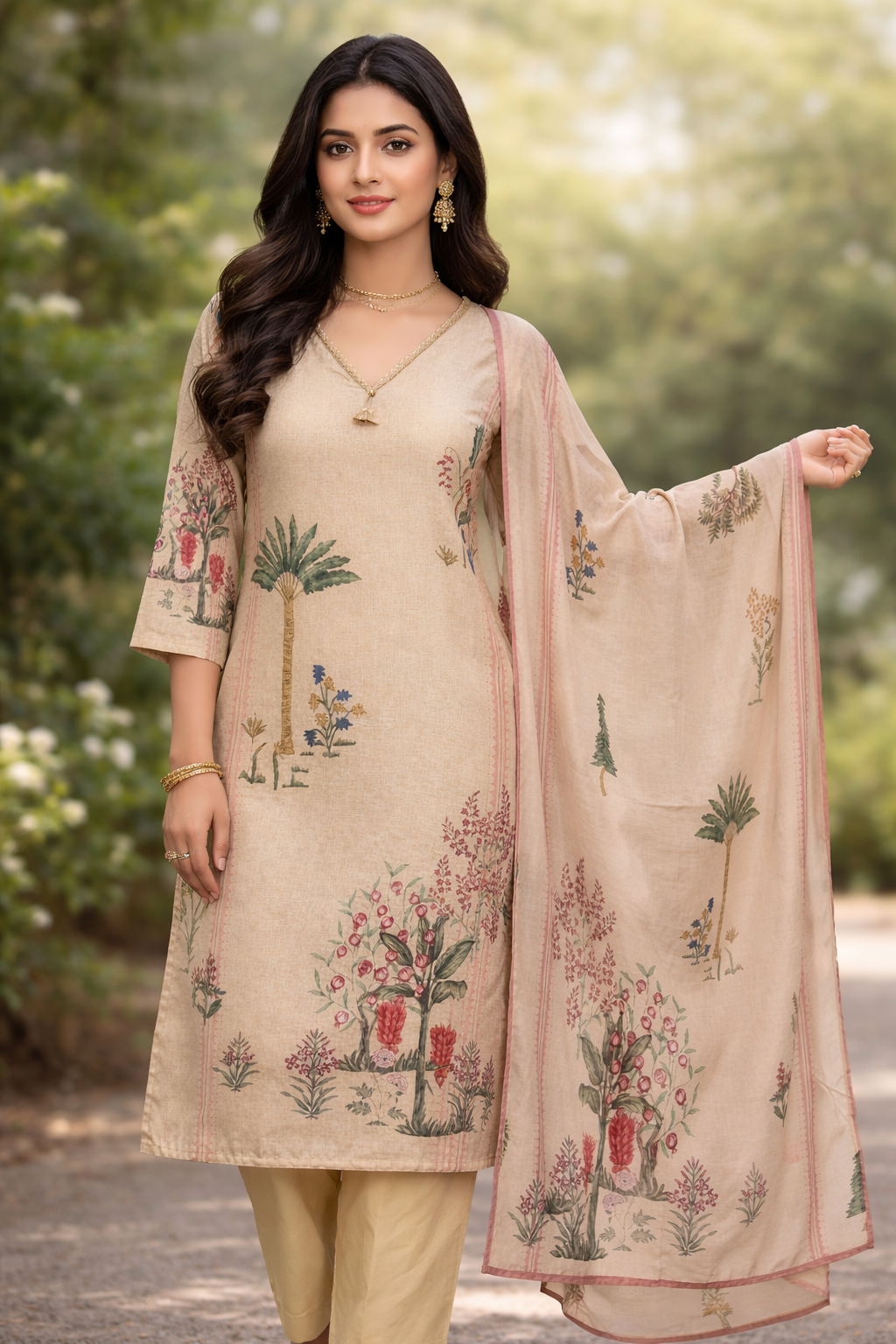 Chiku Botanical Print Cotton Kurta Pant Dupatta